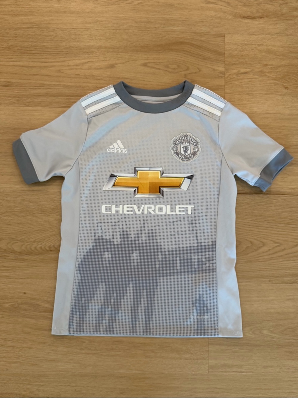 adidas Manchester United Kids Gray Football Jersey with Gold Chevy Logo